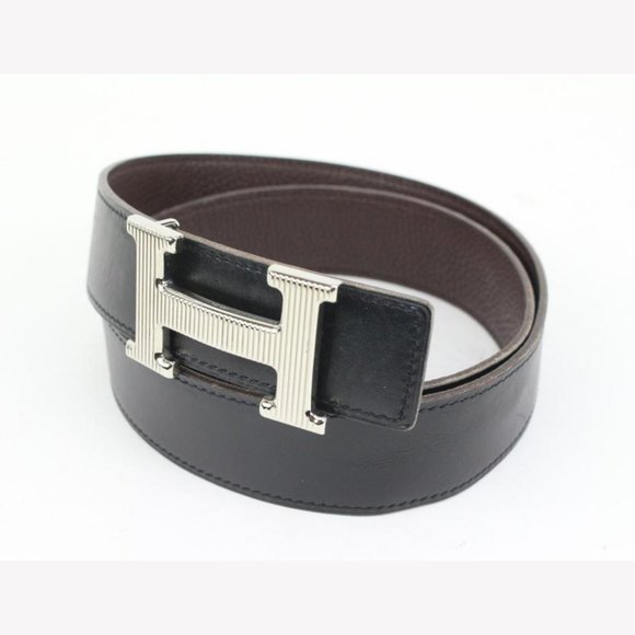 Hermès Black x Brown x SIlver 32mm Reversible Strie H Logo Belt Kit 41he56 - Picture 1 of 11